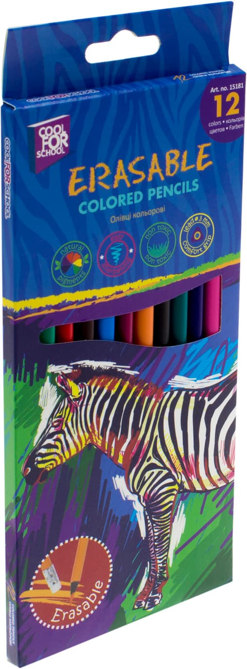 Карандаши цветные 12 цветов Cool For School Erasable пластиковые, треугольные, с ластиком CF15181