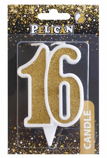 Свеча юбилейная 16 лет, 7см золото (1) (32) №867116Pelican
