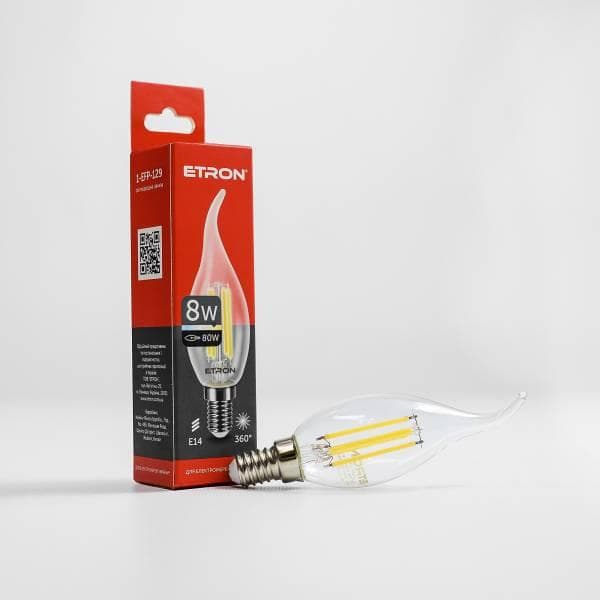 Лампа "Etron Filament Power" прозоре скло LED 1-EFP-129 C37 8Вт 3000K Е14(10)