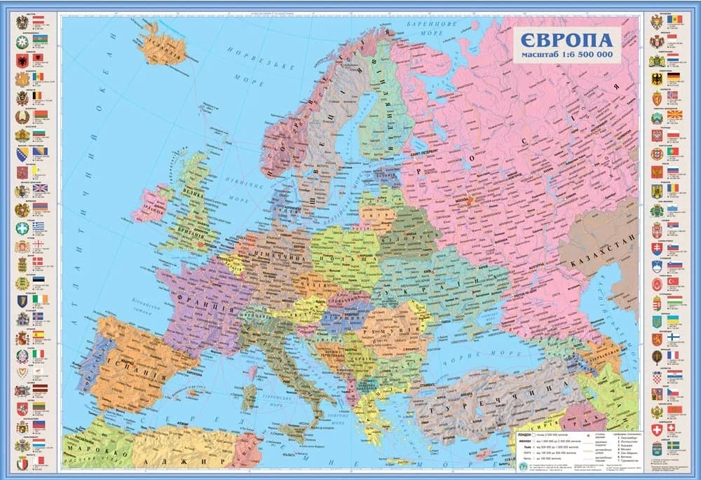 Карта "Європи" А1 політ. папір,ламін.,планка 1:6500000(100х70см)/ІПТ/