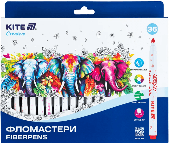 Фломастеры "Kite" 36цветн. Creative Superwashable №K-1154(6)(24)(192)