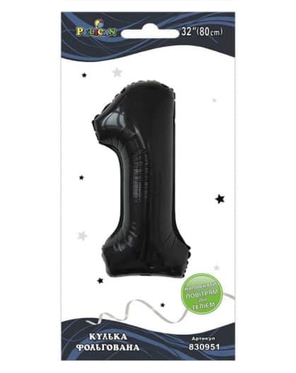 Кулька повітр. фольгована "Цифра 1" 80см чорна №830951/Pelican/(1)(10)(5)(1000)