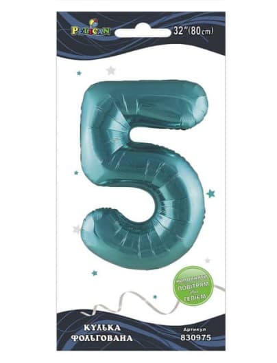 Кулька повітр. фольгована "Цифра 5" 80см тіффані №830975/Pelican/(1)(10)(5)(1000)
