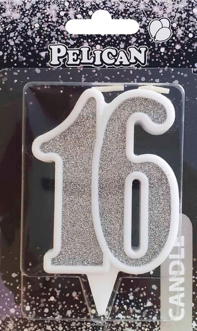 Свеча юбилейная "16" 7см серебро №867216/Pelican/(1)(32)