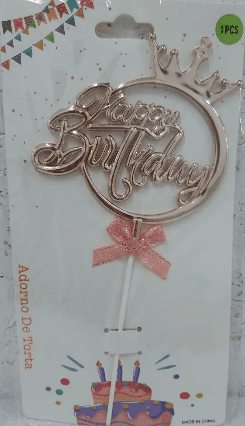 Топпер для торта "Happy Birthday в круге с корона" розовое золото №15105(12)