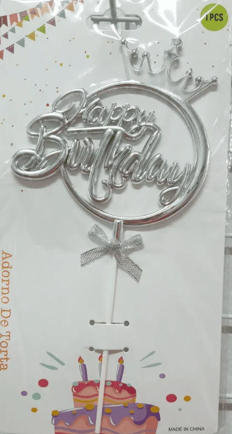 Топпер для торта "Happy Birthday в круге с корона" серебро №15106(12)
