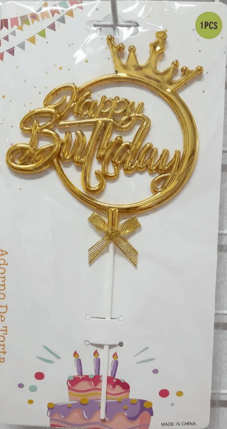 Топпер для торта "Happy Birthday в круге с корона" золото №15107(12)