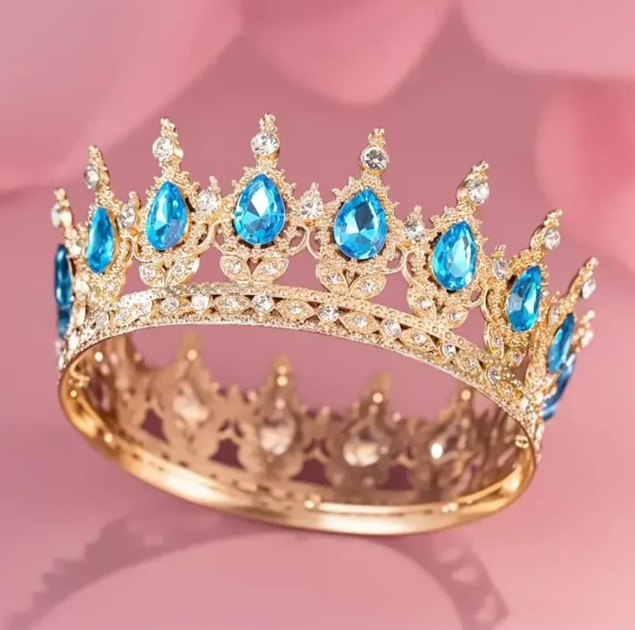 Корона метал. с пиками,золото с голубыми камнями 12,5х5,5см