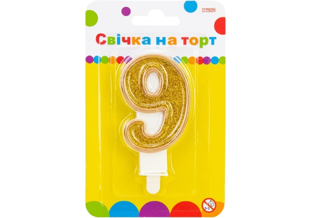 Свеча в торт Цифра-9 золотистая 7,62 см с блестками (24) (288) MX622083-9