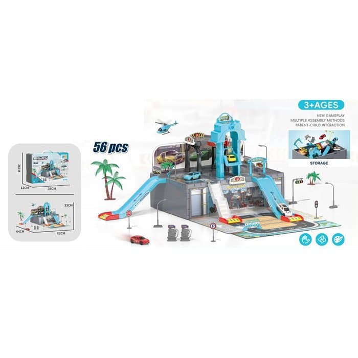 Гараж,ліфт(механічний),машинка 7см 4шт,вертоліт,дорожні знаки,56дет. №A245(9)